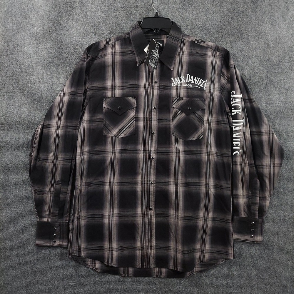 Jack Daniels Shirt Mens Large Black Plaid Long Sleeve Snap Western Casual